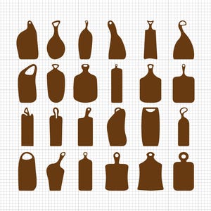 以下が含まれることがあります： 様々な形をした24個の茶色のシルエットの切り抜き。ボトル、花瓶、まな板などがあります。切り抜きは白い背景にグリッドパターンで配置されています。