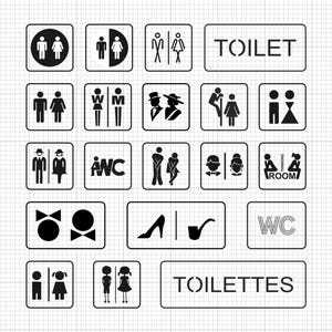 May include: A collection of black and white restroom signs, including male and female symbols, and the words "TOILET", "WC", and "TOILETTES". The signs are in various shapes and styles, suitable for public restrooms.