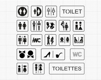 May include: A collection of black and white restroom signs, including male and female symbols, and the words "TOILET", "WC", and "TOILETTES". The signs are in various shapes and styles, suitable for public restrooms.