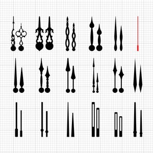 May include: A collection of black clock hands in various styles and sizes, including ornate and minimalist designs. A single red second hand is also included. The hands are arranged on a grid background, suitable for crafting or DIY projects.