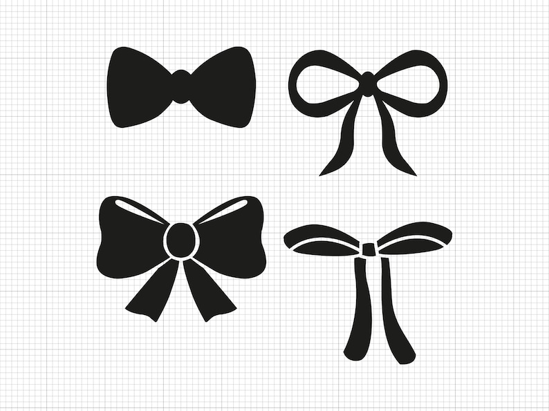 K&ouml;nnte beinhalten: Vier schwarze Schleifendesigns. Die erste Schleife ist eine einfache Fliege. Die zweite Schleife ist eine klassische Schleife mit zwei Schleifen und B&auml;ndern. Die dritte Schleife ist eine aufwendigere Schleife mit zwei Schleifen und B&auml;ndern. Die vierte Schleife ist eine einfache Schleife mit zwei Schleifen und B&auml;ndern.