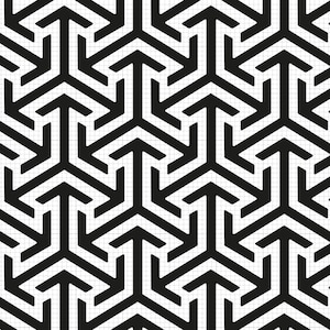 May include: Geometric black and white pattern featuring repeating arrow-like shapes. The design creates a tessellating effect, with the shapes interlocking to fill the frame. The pattern is set against a subtle grid background.