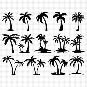 May include: A set of 15 black silhouette palm tree illustrations. The palm trees are in various styles and sizes, with some having multiple trunks.