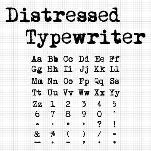 May include: A black and white graphic featuring the words "Distressed Typewriter" above an alphabet and number set. The font has a vintage, typewriter-style appearance, with each letter and number clearly printed on a grid background.