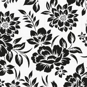 May include: Black and white floral pattern with a repeating design of stylised flowers and leaves. The pattern is on a white background with a subtle grid pattern.