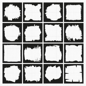 May include: A set of 16 black and white grunge frames with irregular edges. The frames are arranged in a 4x4 grid on a white background with a grid pattern.