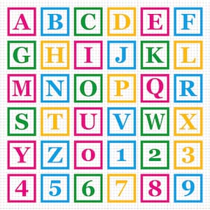 May include: Colorful alphabet and number blocks arranged in a grid pattern. Each block features a letter or number in a vibrant color, framed by a contrasting border. The blocks are set against a grid background.