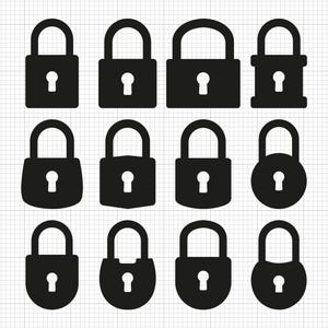 May include: A collection of twelve black padlock illustrations in various shapes and sizes. Each padlock features a keyhole and a curved handle, set against a white grid background. The designs range from rectangular to rounded forms.