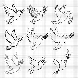 May include: A collection of nine line art illustrations of doves in flight, each carrying an olive branch. The doves are depicted in various poses, with wings spread and in different stages of flight. The artwork is in black and white.