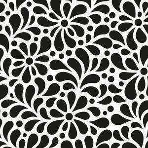May include: A monochrome floral pattern. The design features stylised flowers and teardrop shapes in black against a white background. The pattern is repeated across the image, creating a seamless design.
