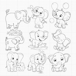 May include: A set of nine black and white line drawings of elephants. The elephants are in various poses, including playing with water, holding balloons, and standing with their trunks raised.