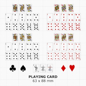 Könnte beinhalten: Anordnung von Spielkarten, darunter Kreuz, Pik, Karo und Herz, mit Bildkarten und Jokern. Der Text "PLAYING CARD" wird zusammen mit den Abmessungen 63 x 88 mm angezeigt.