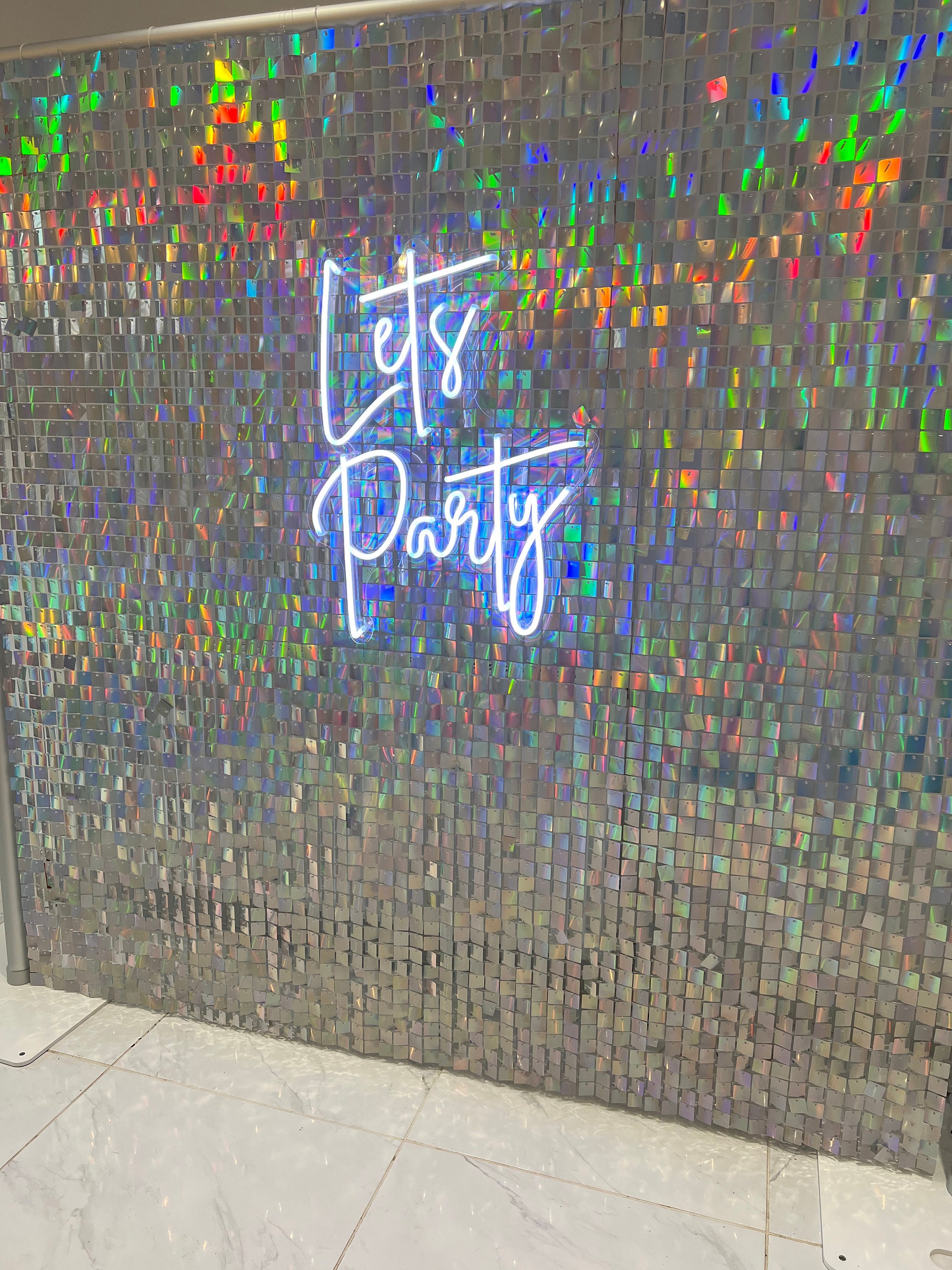 Silver Holographic Sequin Shimmer Wall Backdrop HIRE ONLY london/herts