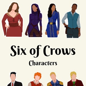 Puede incluir: Ilustración de ocho personajes del libro Seis de Cuervos. Los personajes están representados en varias poses y visten diferentes atuendos. Todos los personajes miran hacia adelante y no tienen rasgos faciales.