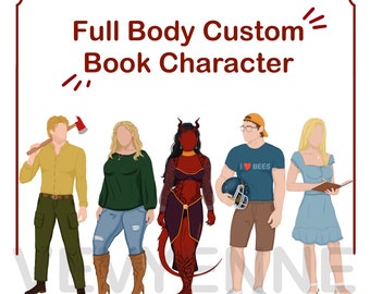 May include: Illustration of five characters, each with a unique style and personality. A man with a yellow shirt and green pants holds an axe, a woman with a green sweater and blue jeans wears brown boots, a woman with red skin and horns wears a red dress, a man with a blue shirt and brown shorts holds a football, and a woman with a blue dress holds a book.