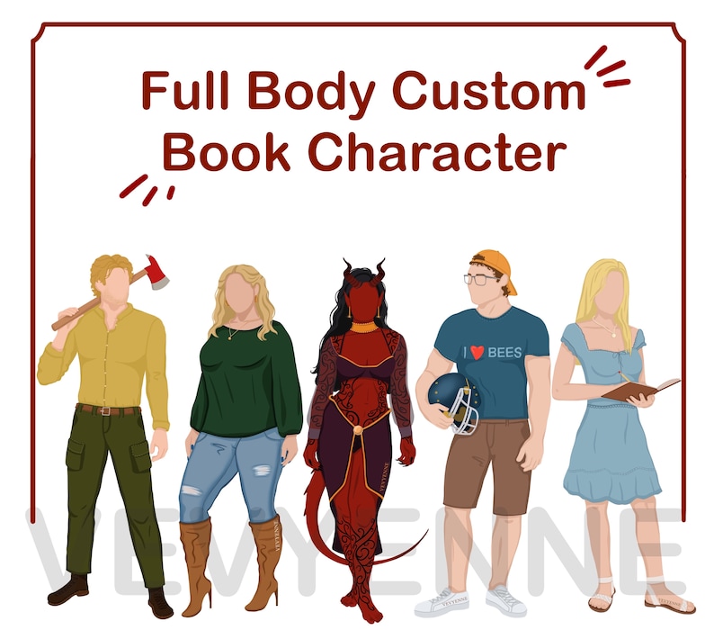May include: Illustration of five characters, each with a unique style and personality. A man with a yellow shirt and green pants holds an axe, a woman with a green sweater and blue jeans wears brown boots, a woman with red skin and horns wears a red dress, a man with a blue shirt and brown shorts holds a football, and a woman with a blue dress holds a book.