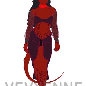 May include: A red female figure with horns, a long tail, and intricate tattoos. She is wearing a dark purple outfit with a red choker.