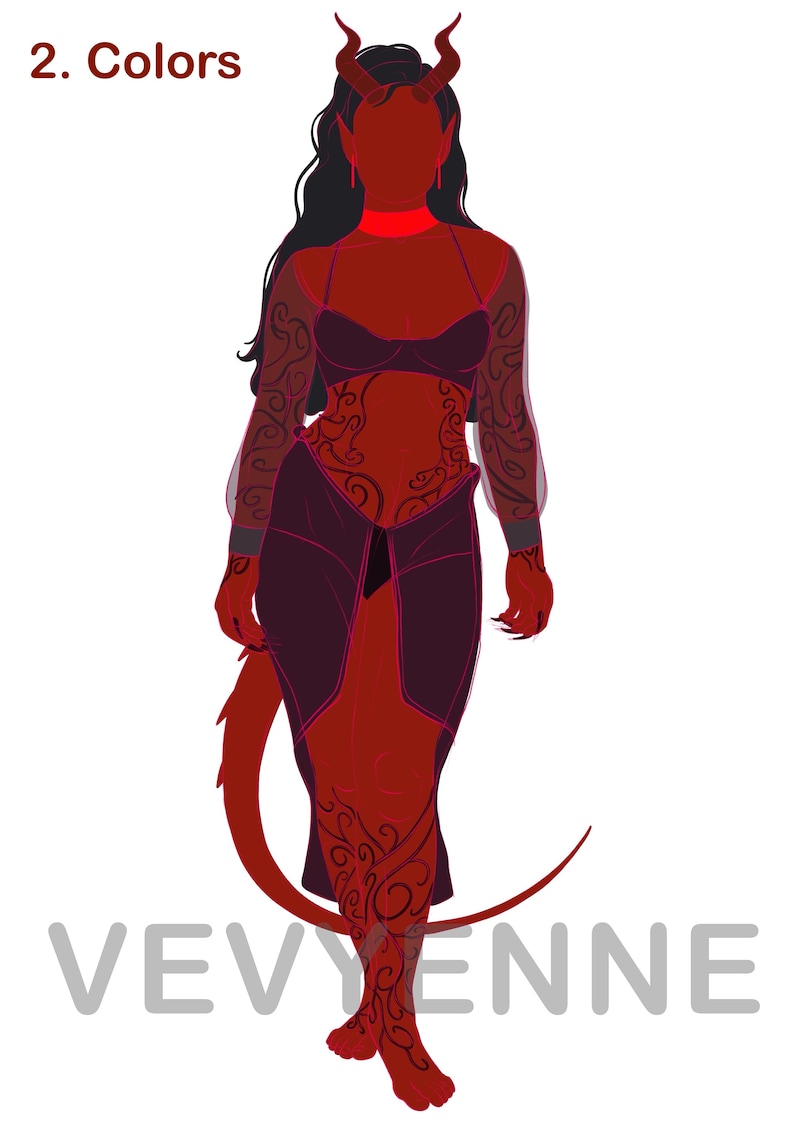 May include: A red female figure with horns, a long tail, and intricate tattoos. She is wearing a dark purple outfit with a red choker.