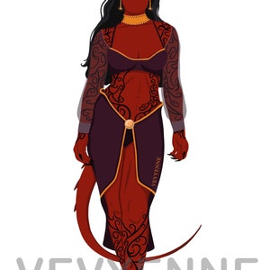 May include: A red-skinned woman with horns and a tail, wearing a purple and gold outfit with intricate black tattoos. The woman is standing with her arms at her sides and her head tilted slightly to the side. The background is white.