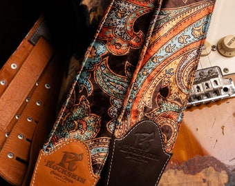 ELENA Guitar and bass strap in real leather and paisley fabric