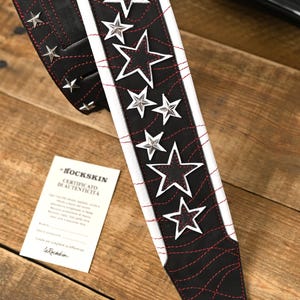 Rock Guitar Strap – Black Leather with Metal Stars and Red Stitching – Handmade in Italy