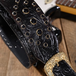Tooled Leather Guitar Strap With Gold or Silver Buckle and Rhinestones ...