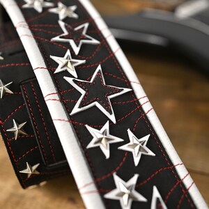 Rock Guitar Strap – Black Leather With Metal Stars and Red Stitching ...