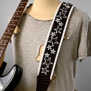 Rock Guitar Strap – Black Leather With Metal Stars and Red Stitching ...
