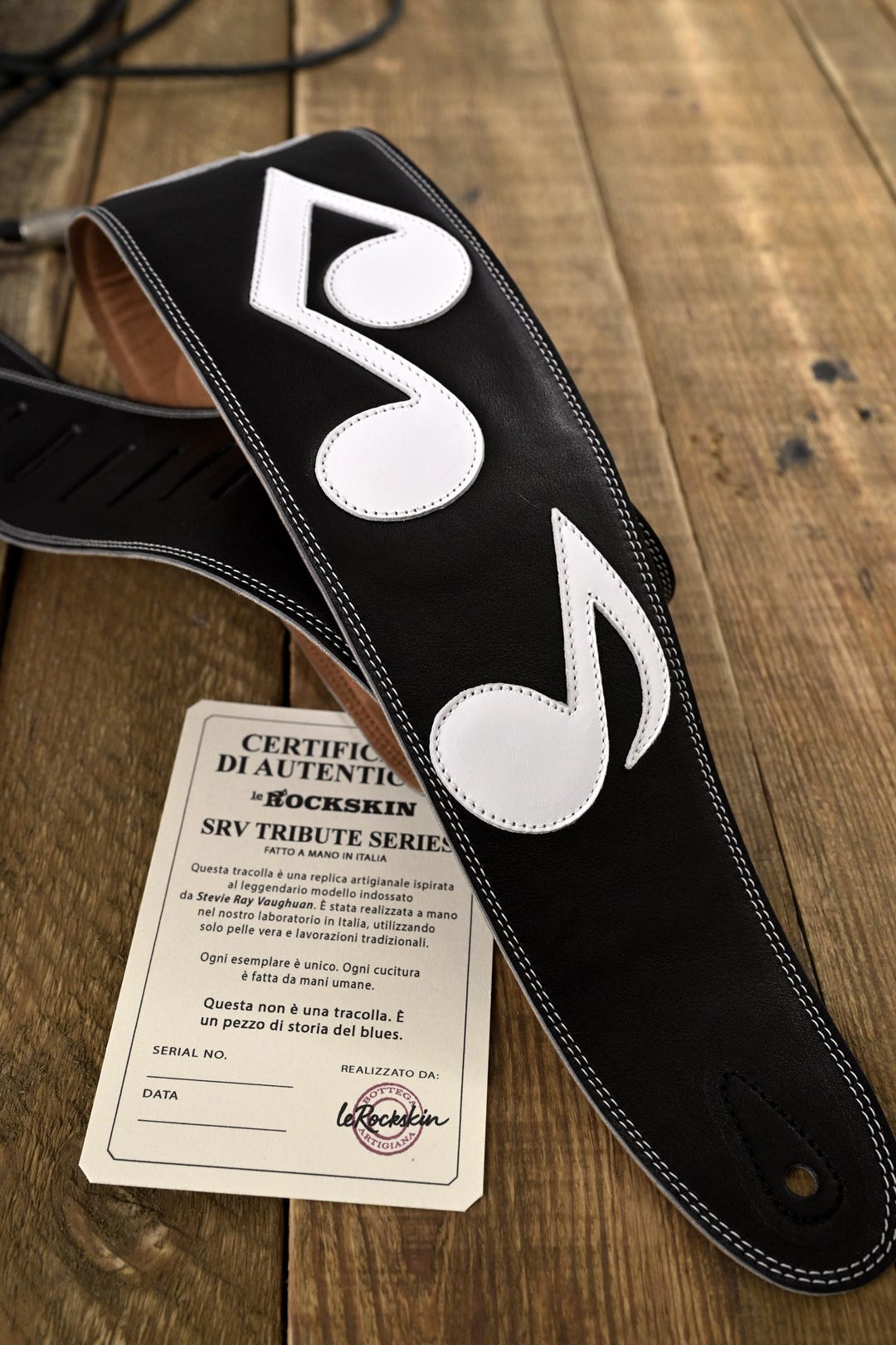 Stevie Ray Vaughan Replica Guitar Strap – Black Leather With Notes