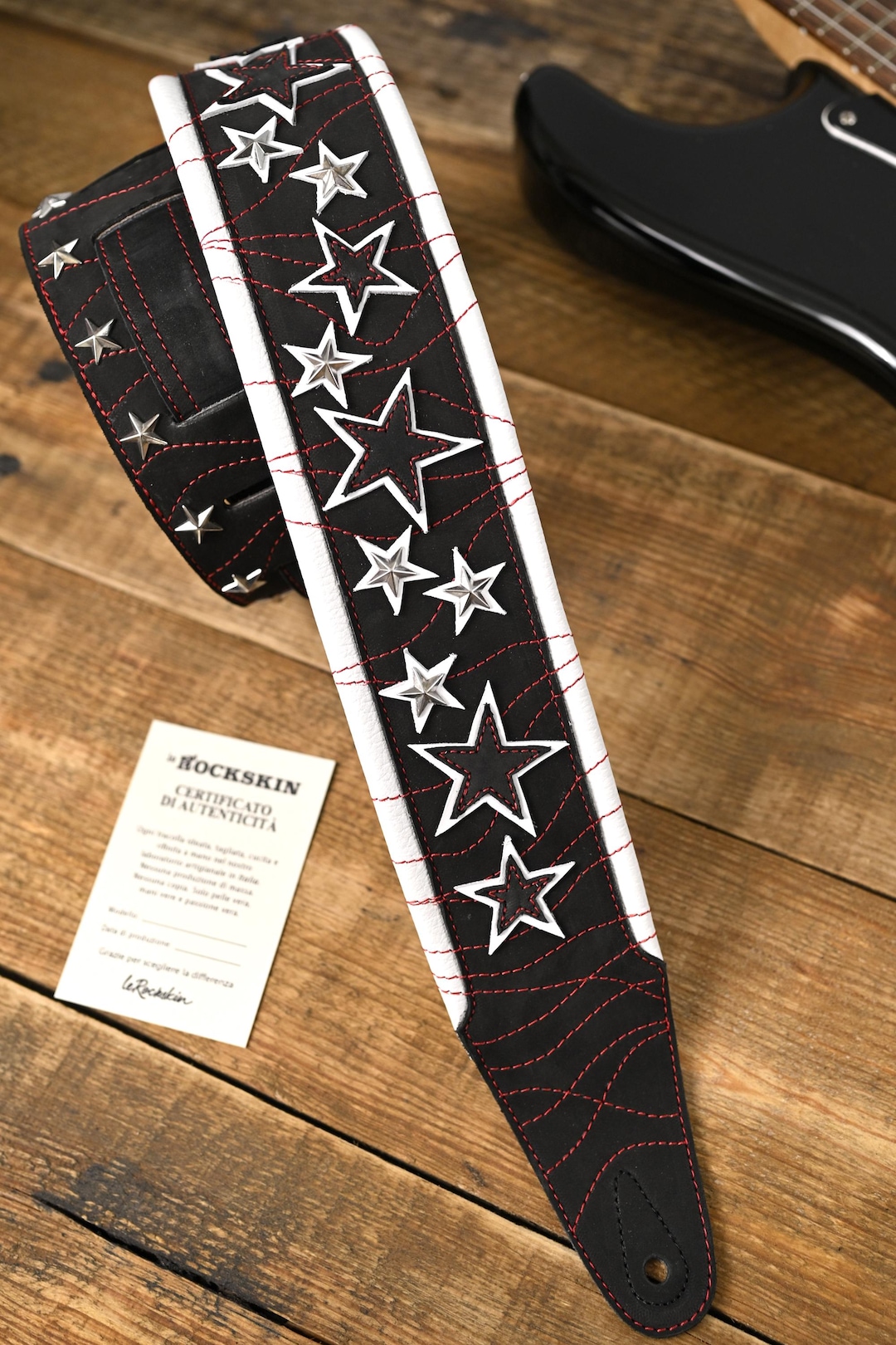 Rock Guitar Strap – Black Leather With Metal Stars and Red Stitching ...