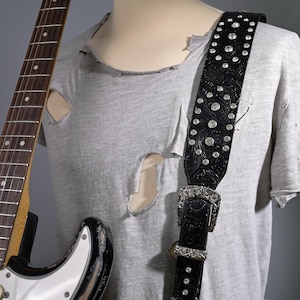 Tooled Leather Guitar Strap With Gold or Silver Buckle and Rhinestones ...