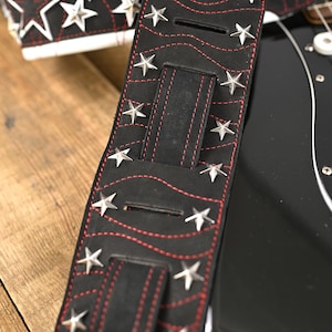 Rock Guitar Strap – Black Leather With Metal Stars and Red Stitching ...