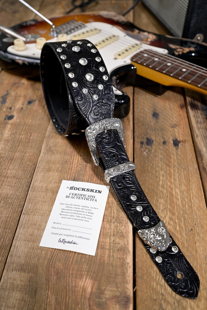 Tooled Leather Guitar Strap With Gold or Silver Buckle and Rhinestones ...