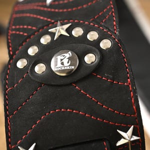 Rock Guitar Strap – Black Leather With Metal Stars and Red Stitching ...