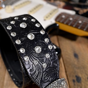 Tooled Leather Guitar Strap With Gold or Silver Buckle and Rhinestones ...
