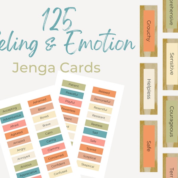 125 Jenga Feeling & Emotions Cards -  Social Psychology,Table Talk Family Conversation Cards,Social Anxiety,Jenga Conversation Starter Cards