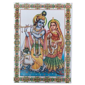 Radha Krishna Aluminium Photo Frame Lord Krishna Traditional Hanging Photos 6”x8” Vintage Hindu God Wall Art Mandir Temple