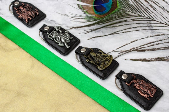 Hanuman Radha Krishna Shiva Durga Maa Keyring Hindu Black Leather Metal Car Key Bags Handmade Golden Diwali Gift Gold Silver Copper