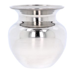 May include: A polished, silver-coloured metal pot with a broad, rounded body and a slender neck. The pot has a smooth, reflective surface and a small, flat rim at the top. The design is simple and elegant, suitable for various uses.