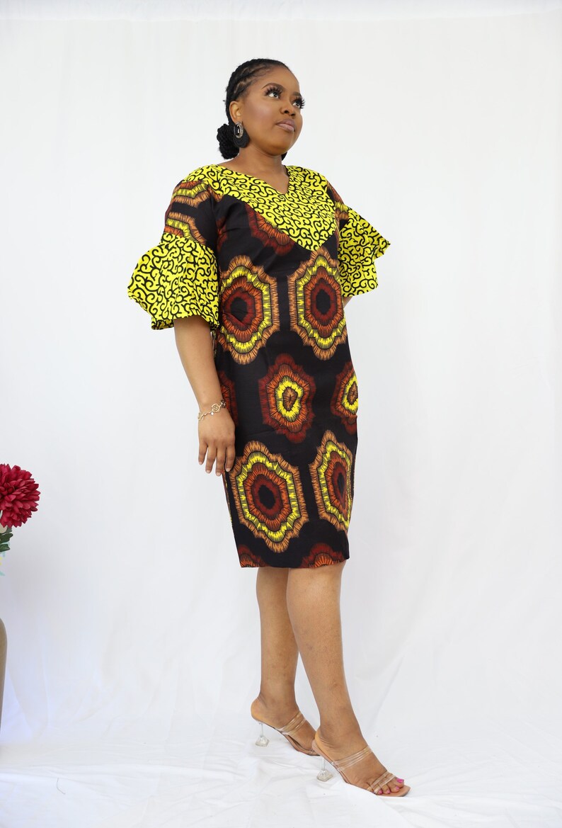 V-Neck Long Sleeve Ankara Dress