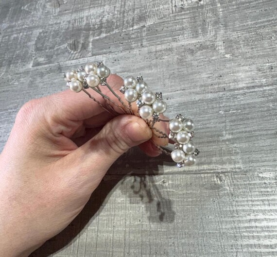 Natasha Set Of Six Crystal Pearl Hair Pins Silver Tone Hair Accessories New Crystal Bridal Hair Pins, Silver Hair Pins, Pearl Hair Clips  main image 4