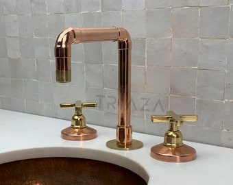 Unlacquered copper bathroom tap, copper antique vanity faucet, deck mount 3 hole copper tap