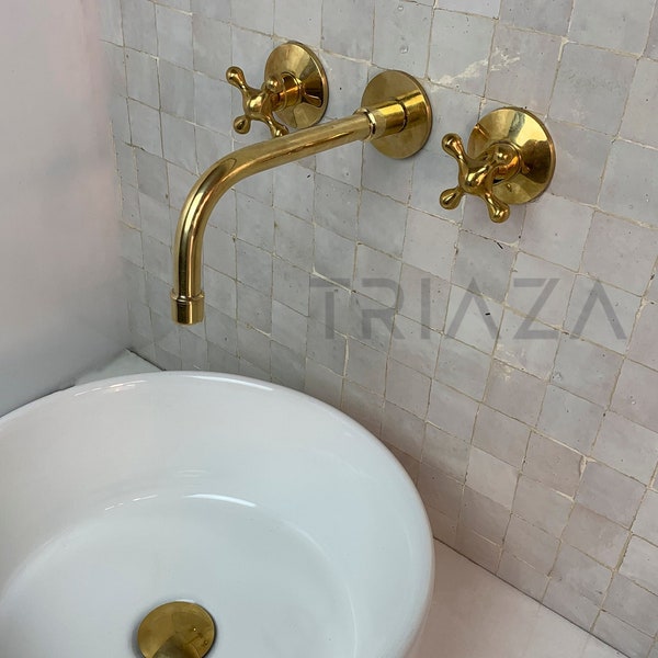 Vintage Unlacquered brass bathroom faucet, wall mount vanity faucet faucet, Antique look