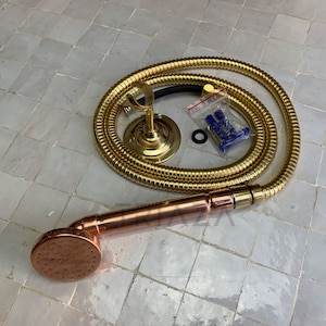 Copper Hand Shower, Unlacquered Handheld outdoor copper shower head with Hose and Holder.