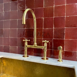 Brass kitchen faucet, Handcrafted unlacquered brass antique style sink faucet with sprayer, flange disposal included as a Gift
