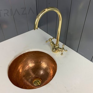 Unlacquered brass bathroom faucet, Single hole design, vintage style double handle faucet