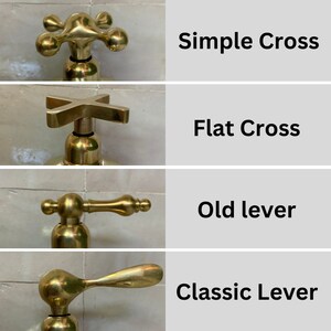 May include: Four different types of faucet handles: Simple Cross, Flat Cross, Old Lever, and Classic Lever. Each handle is made of brass and has a polished finish.