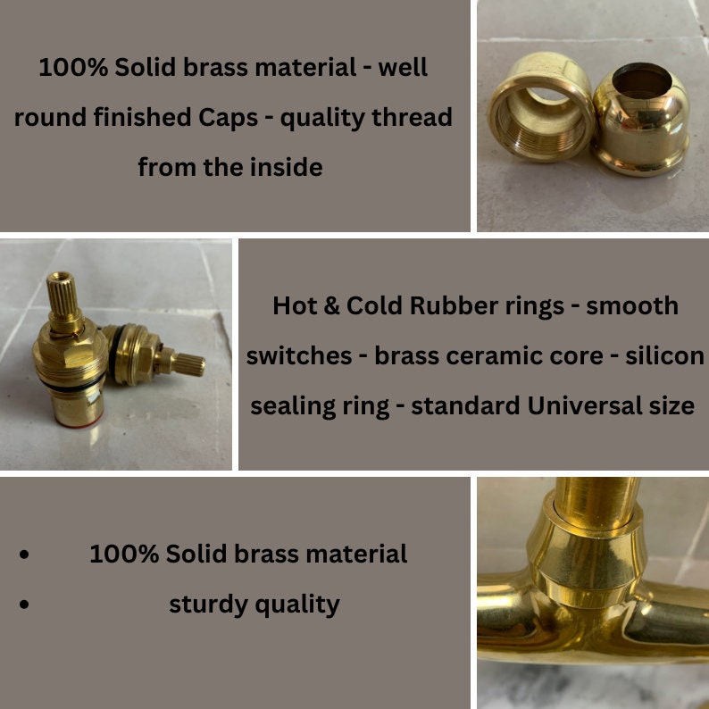 Puede incluir: Primer plano de una v&aacute;lvula de grifo de lat&oacute;n con un acabado redondo y pulido. La v&aacute;lvula tiene un n&uacute;cleo de cer&aacute;mica y anillos de goma para un funcionamiento suave. El texto "100% Solid brass material - well round finished Caps - quality thread from the inside" es visible en la imagen.