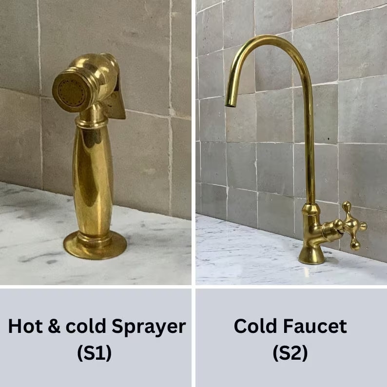 Op de afbeelding: Een messing keukensproeier met het label Hot & cold Sprayer (S1) en een messing kraan met het label Cold Faucet (S2). Beide armaturen hebben een gepolijste metalen afwerking, waarbij de sproeier een cilindervormig lichaam heeft.
