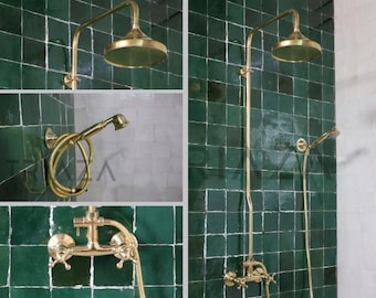 Unlacquered solid brass shower system , brass shower , shower system , master bathroom shower , shower handheld , brass Rain shower head